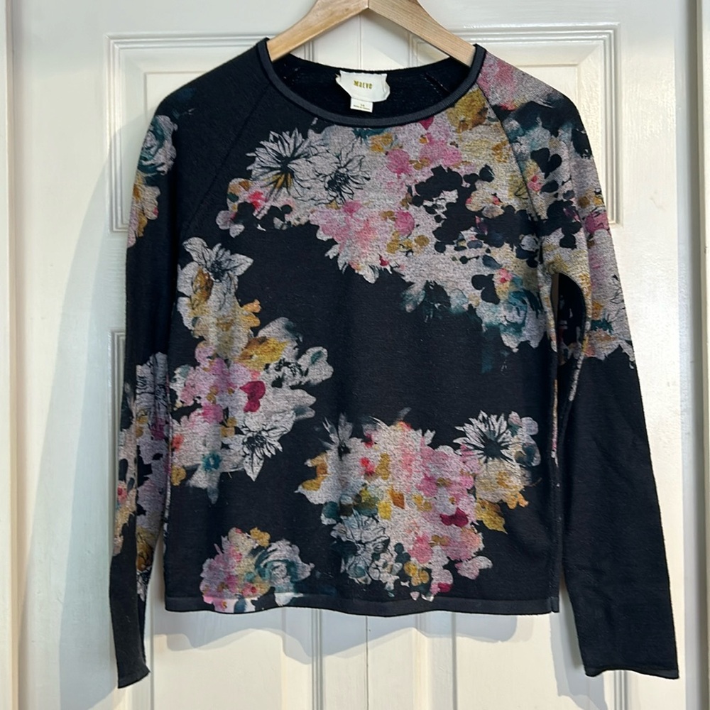 Maeve Black Floral Sweatshirt with Pink, Yellow and Cream Accents